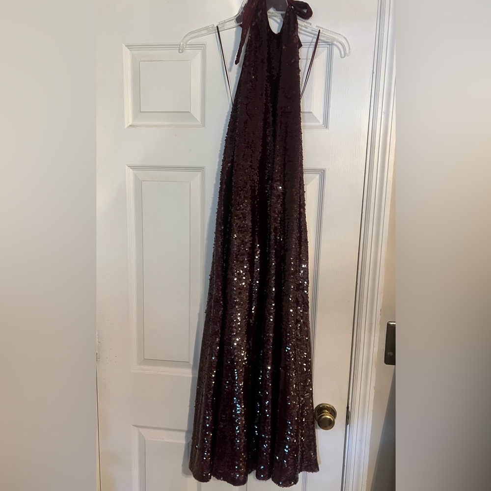 Burgundy Holiday Party If by Sea Sequin Halter Dress